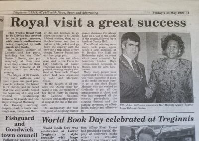 Newspaper article about the Royal visit to St Davids, photo of the Mayor and the Queen of Lesotho